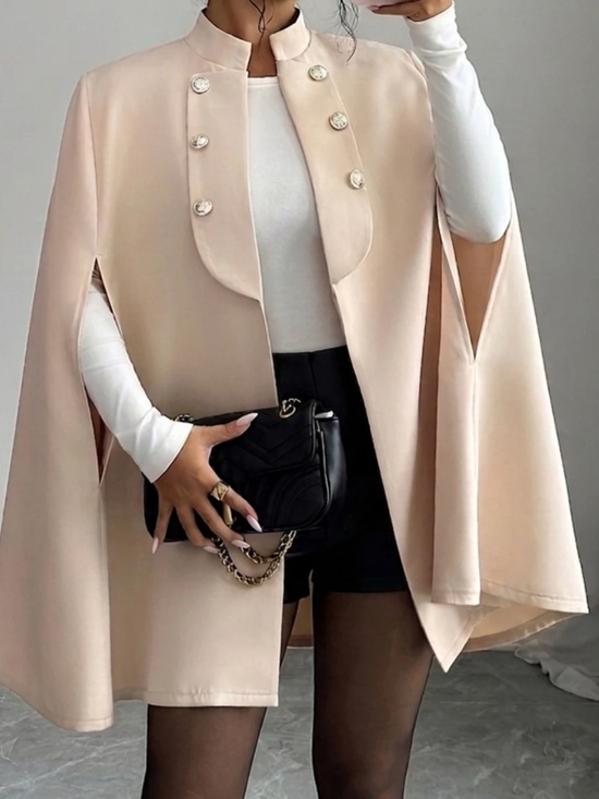 Jackets & Blazers - Classic Solid Open Front Button Detail Cape Style Blazer Coar Jacket